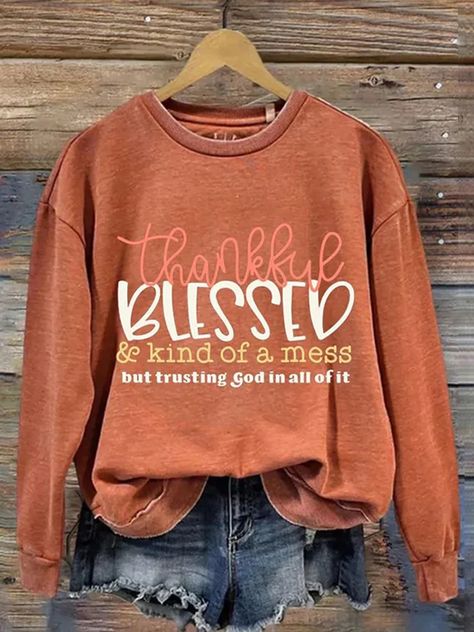 Thanksgiving Fall For Jesus, Sweatshirt Ideas, Christian Shirts Designs, Thankful And Blessed, Long Sleeve Sweatshirt, Christian Shirts, Casual Sweatshirt, Long Sleeve Sweatshirts, Types Of Collars