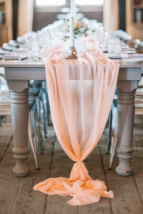 Peach Chiffon Table Runner | Svetlana Photography | http://heyweddinglady.com/summer-brunch-wedding-ideas-peach-blue/ Chiffon Table Runner, Wedding Runner, Wedding Color Trends, Long Table Runner, Summer Brunch, Table Runners Wedding, Peach Wedding, Brunch Wedding, Wedding Table Centerpieces