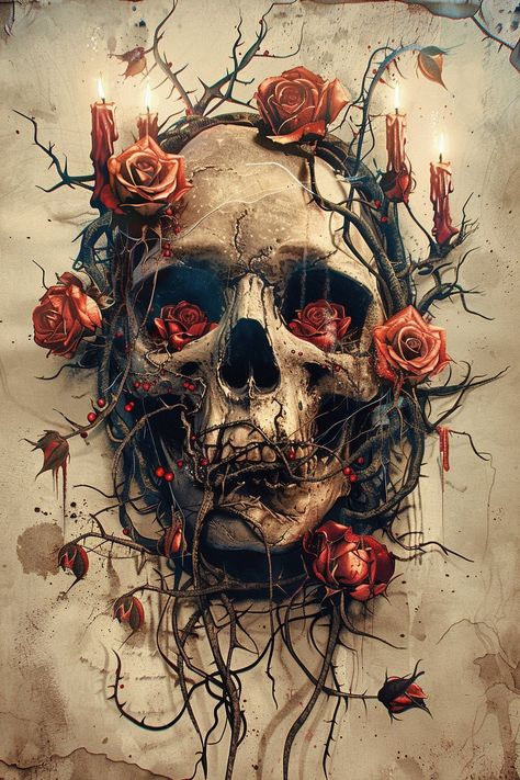 Introducing our 'Skull in Roses Decoupage Paper,' perfect for adding a touch of gothic elegance to your crafting projects. This high-quality decoupage paper features a beautifully detailed skull adorned with roses and candles, intertwined with thorny vines, set in a vintage style with hues of red, black, and beige. The design captures the mysterious beauty of gothic floral art. Decoupage, the art of layering images onto surfaces, is elevated with this exquisite skull, roses, and candles-themed t Gothic Roses Aesthetic, Skull Mask Art, Thorny Vines, Roses And Candles, Skull Aesthetic, Printed Furniture, Skull Images, Cool Skull Drawings, Colorful Skull Art