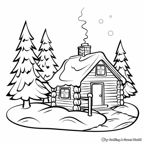 Cabin Coloring Pages - Free & Printable! Winter Scene Coloring Pages, Camper Coloring Pages, Hunting Coloring Pages, Cabin Coloring Pages, Cabin Illustration, Camping Pics, Snowy Cabin, Christmas Lodge, Christmas Log