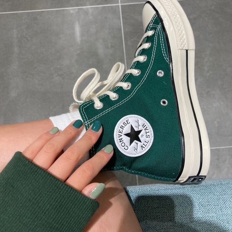 Converse In Every Color, Best Color Converse, Green Hightop Platform Converse, Forest Green Converse Outfit, Forest Green Things, Dark Green Platform Converse, Amazon Green Converse, Cool Shoes Converse, Forest Green Sneakers