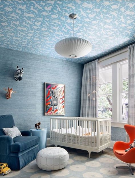 Boy Nursery Design, Blue Nursery Boy, Contemporary Nursery, Miami Apartment, Nursery Interior Design, Home Interior Ideas, Modern Crib, Moroccan Leather Pouf, Nursery Room Inspiration