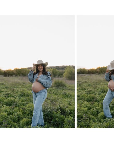 Cowboy Themed Maternity Shoot, Maternity Outfits Western, Western Style Maternity Photos, Cowgirl Maternity Shoot, Maternity Western Outfits, Western Pregnancy Photoshoot, Cowboy Maternity Pictures, Denim Maternity Shoot Pregnancy Photos, Western Maternity Shoot