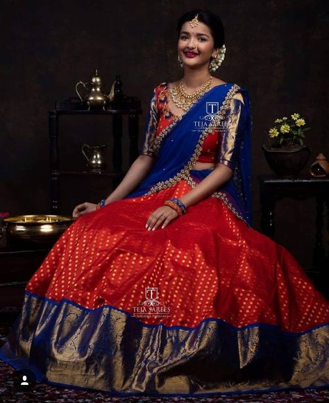 Saved by radhareddy garisa Half Saree Function, Lehenga Saree Design, Bridal Sarees South Indian, Half Saree Lehenga, Long Gown Design, Happy Bride, Lehnga Dress, Lehenga Blouse Designs, Frock For Women