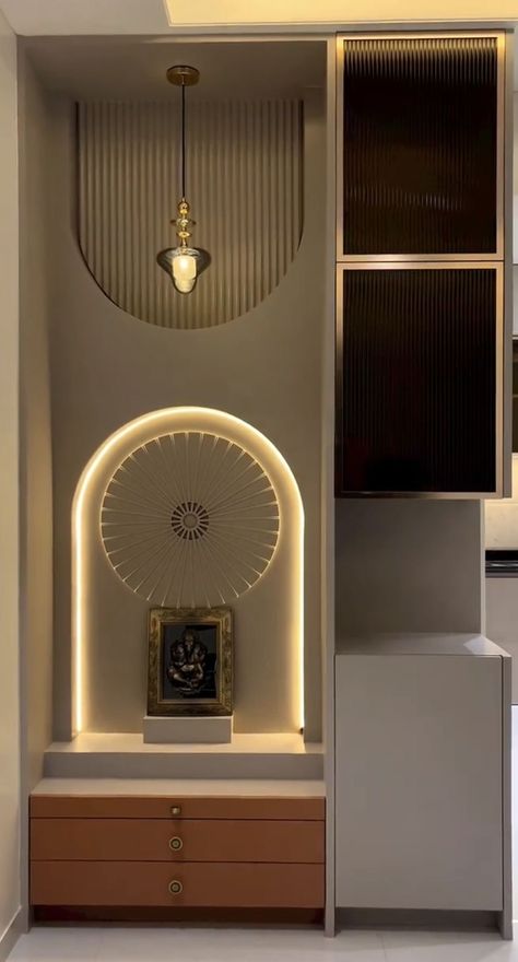 Pooja Room Between Staircase, Pooja Room Traditional Design, Office Pooja Unit, Pooja Ceiling Designs, Dining Area Wall Design Modern, Minimal Pooja Unit, Temple Design For Office, Hidden Dining Table Wall, Modern Home Mandir Designs