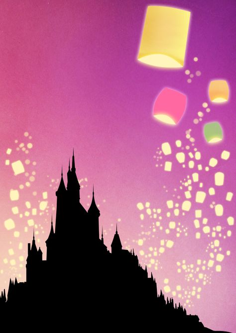 Tangled Silhouette, Disney Illustration Art, Tangled Nursery, Tangled Lanterns Scene, Tangled Castle, Tangled Painting, Tangled Lanterns, Homecoming Posters, Disney Canvas Art