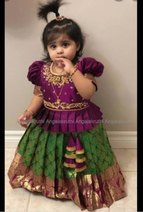 Traditional Baby Dresses, Pattu Pavadai Designs, Pattu Pavada, Indian Dresses For Kids, Pavadai Sattai, Pattu Langa, Kids Party Wear Dresses, Kids Dress Collection