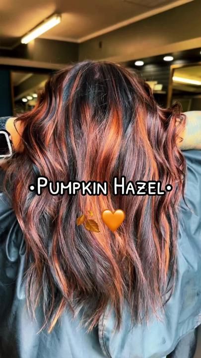 Red Hair With Black And Blonde Streaks, Winter Hair Dye Ideas Brunettes, Peek A Boo Hair Color Brown, Peeks Boo Hair, Bold Money Piece With Highlights, Dark Two Tone Hair, Brunette Copper Money Piece, Burnt Orange Highlights On Brown Hair, Fall Vibes Hair Color