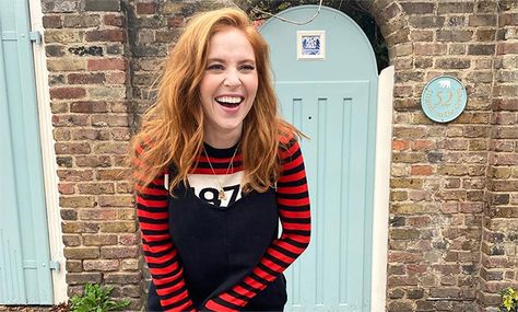 Angela Scanlon lives in London with her husband Roy Horgan and their daughter Ruby... White Eames Chair, Angela Scanlon, Navy Velvet Sofa, Wooden Worktops, London House, Grey Color Scheme, Gold Legs, Blue Candles, Neutral Color Scheme