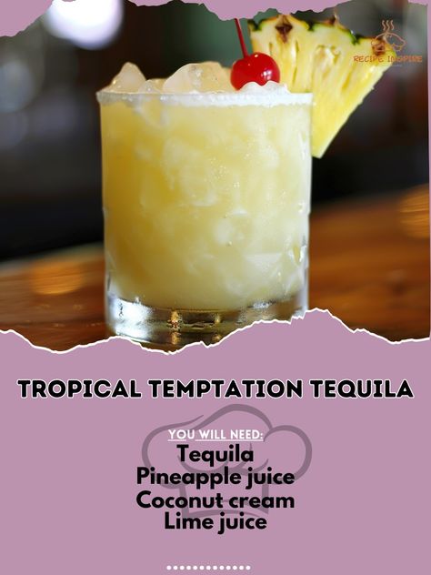 🌴 Surrender to the Tropical Temptation Tequila! 🍹✨ #TropicalTemptationTequila #IslandVibes Tropical Temptation Tequila Ingredients: Tequila (2 oz) Pineapple juice (2 oz) Coconut cream (1 oz) Lime juice (1/2 oz) Ice cubes Pineapple slice (for garnish) Maraschino cherry (for garnish) Instructions: In a shaker, combine tequila, pineapple juice, coconut cream, lime juice, and ice. Shake well until chilled. Strain into a chilled glass filled with ice. Garnish with a pineapple slice and marasch... Tequila Pineapple, Tequila Tuesday, Alcohol Ideas, Juice Coconut, Cocktail Drinks Alcoholic, Cocktail Party Food, Alcohol Consumption, Yummy Alcoholic Drinks, Tequila Drinks