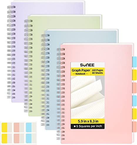 Amazon.com : SUNEE Graph Paper Notebook - 4 Pack A5 Graphing Notebook 5.9 x 8.3 inches 5 x 5mm Grid Paper 80 Sheets/160 Pages - Journals for Study and Notes (pink, blue, green, purple) : Office Products Trendy Multicolor School Stationery, Graphing Notebook, Pink And Purple School Supplies, Portable Pink Stationery For School, Purple Office, Graph Notebook, Grid Spiral Notebook, Graph Paper Notebook, Pink Notebook