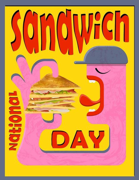 Cool fast food poster. National Sandwich Day. Trendy style banner Day of the Sandwich Sandwich Design Ideas, Sandwich Graphic Design, Sandwich Poster Design, Sandwiches Illustration, Sandwich Character, Street Food Illustration, Trendy Design Graphic, Sandwich Poster, Restaurant Ads