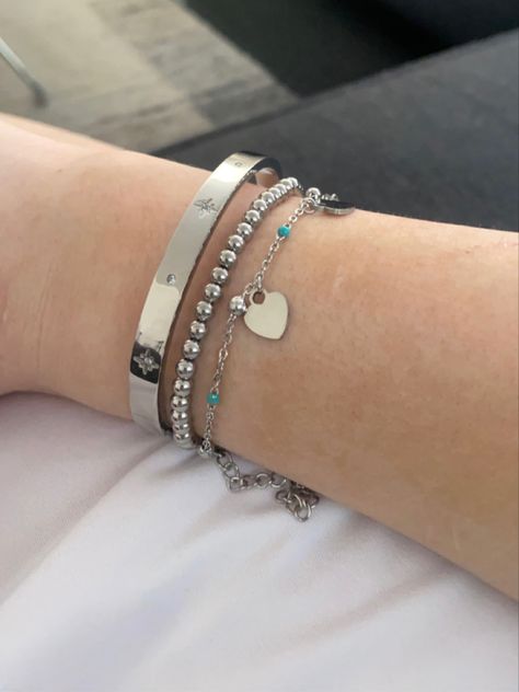 Silver Bracelet Stack With Watch, Aesthetic Bracelet Combos, Silver Jewellery Stacking, Sterling Silver Bracelet Stack, Silver Jewelry Bracelet Stack, Silver Jewelry Combo, Bracelet Stacks Silver, Jewelry Inspiration Silver, Silver Stacked Bracelets