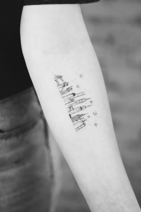 Nyc Skyline Tattoo Small, Tattoo City Skyline, Nyc Fine Line Tattoo, New York Tattoo Ideas Small, Small New York Tattoo, New York City Skyline Tattoo, New York City Tattoo Ideas, Ever Since New York Tattoo, Ny Tattoo Ideas New York