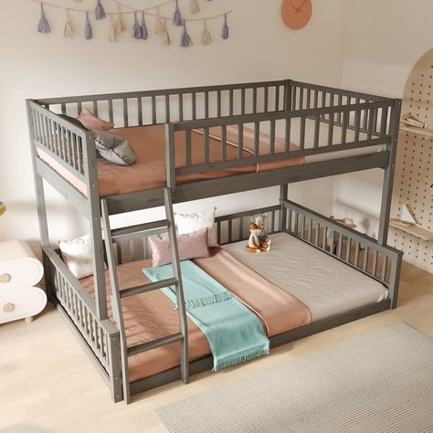 Solid Pine Wood Full XL Over Queen Bunk Bed with Ladder and Guardrails, Can be Divided Into 2 Separate Beds - On Sale - Bed Bath & Beyond - 40608100 Queen Bunk Bed, Queen Bunk Beds, Bed With Ladder, Low Bunk Beds, Wooden Bunk Beds, Wood Bunk Beds, Bunk Bed With Trundle, Top Bunk, Floor Bed