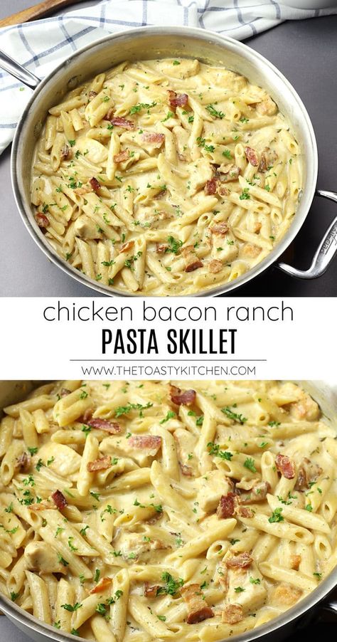 It only takes thirty minutes and a single sauté pan to make this Chicken Bacon Ranch Pasta. Chicken, bacon, and penne pasta are coated in a creamy cheese sauce with tangy ranch seasoning. Pasta Dishes No Dairy, Bacon Ranch Pasta, Chicken Bacon Pasta, Pasta Skillet, Creamy Cheese Sauce, Chicken Bacon Ranch Pasta, Fast Dinner, Easy Pasta Dinner, Ranch Pasta