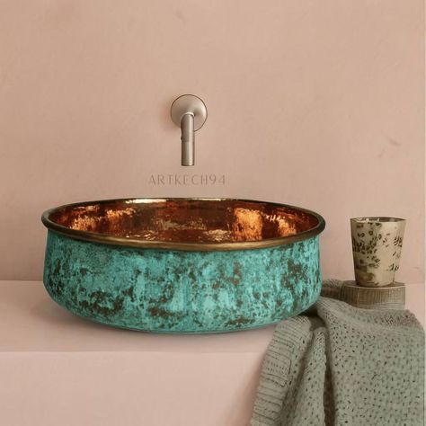 Blue Patina Copper Vessel Sink for Kitchen and Bathroom | Handmade Round Copper Sink Kitchen Bowl | *Copper Drain Cap Included All color of patina is COMPLETELY NATURAL, not include any paints.  ( if you need your own size you can contact us ) Bathroom Nature Theme, Copper Bathroom Ideas, Jewel Tone Bathroom, Bathroom Copper Sink, Moroccan Style Bathroom, Bowl Sink Bathroom, Copper Vessel Sinks, Moroccan Sink, Luxury Bathroom Design