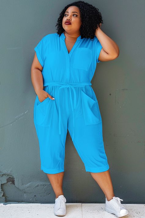 Plus Size Green V Neck Short Sleeve Wrap Pocket Jumpsuit Rainbow Dresses, Purple Sequin Dress, Summer Tips, Pocket Jumpsuit, Summer Trends, Girl Fashion, Jumpsuit, Plus Size, V Neck