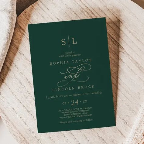 Romantic Green Calligraphy Monogram Wedding Invitation Green Calligraphy, Forest Dark Green, Calligraphy Monogram, Nightmare Before Christmas Wedding, Dark Green Wedding, 3d Templates, Forest Dark, Christmas Wedding Invitations, Classic Invitation