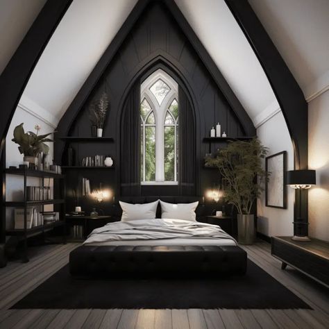 Bedroom Ideas Aesthetic Modern, Attic Bedroom Ideas Aesthetic, Modern Gothic Interior, Gothic Modern House, Modern Gothic Home, Gothic Houses, Gothic Style Home, Gothic Interior Design, Attic Room Ideas