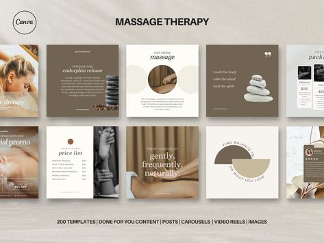 Massage Therapy, Instagram Template, Massage Therapist, Coaching Templates, Occupational Therapist, Digital Products, Canva Template, Faceless Reels, Social Media Templates, Coaching Templates for Instagram, Branding Kit ✨ 200 Massage Therapy Template Bundle ✨ Elevate your online presence with Shine Creative Media's comprehensive Massage Therapy Bundle Pack. We're here to make your brand shine brighter than ever! 🌟 What's Included: 60 square post templates (1080x1080) 60 matching story template Massage Content, Therapy Templates, Therapist Marketing, Coaching Templates, Energy Therapy, Creative Media, Hot Stone Massage, Content Planner, Instagram Branding