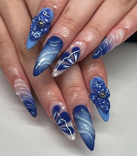 Royals Blue Nails, Royal Blue And Purple Nails, Raven Claw Nails, Nails Acrylic Designs Blue, Navy Summer Nails, Light Blue And Red Nails, Royal Blue Stiletto Nails, Blue Fire Nails, Navy Blue Acrylics