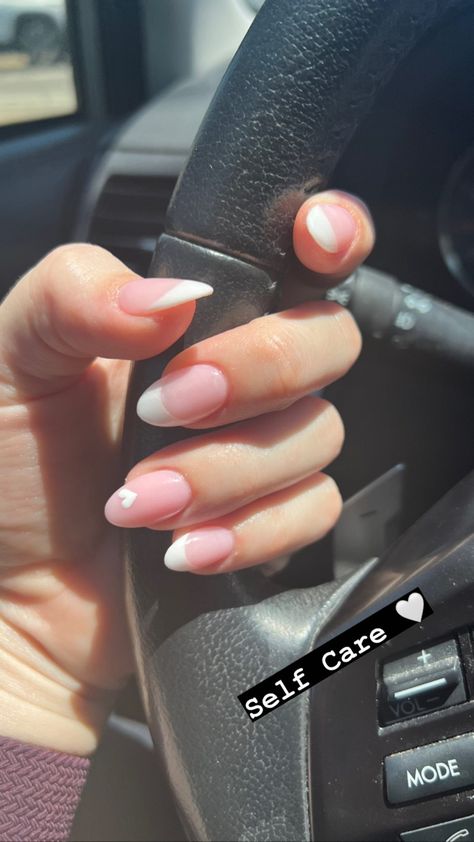 French Tip Dip Powder Nails, French Tip Nails With Heart, Nails With Heart Accent, French Tip Dip, Selfcare Day, Ring Finger Nails, White Tip Nails, Nail Tip Designs, Blush Nails