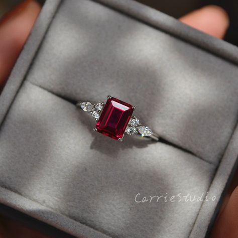 Ruby Diamond Rings Square, Big Ruby Engagement Ring, Red Emerald Ring, Ring Designs Ruby, Silver Ruby Engagement Ring, Emerald Cut Ruby Ring, Ruby Engagement Ring Silver, Ruby And Diamond Engagement Ring, Vintage Engagement Rings Silver