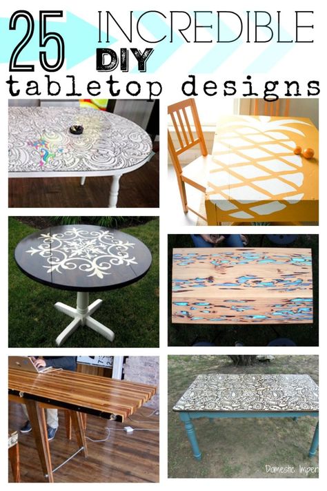 If the top of your table is damaged or if you're just looking for a fresh new look, try one of these DIY tabletop designs, from faux finishes to fun stencils. Creative Table Top Ideas, Stencil Tile Table Top, Tabletop Designs Painted, Tabletop Refinishing Ideas, Painted Tabletop Ideas, Mdf Table Top Diy, Diy Painted Table Top Ideas, Table Top Replacement Ideas, Table Painting Ideas Diy