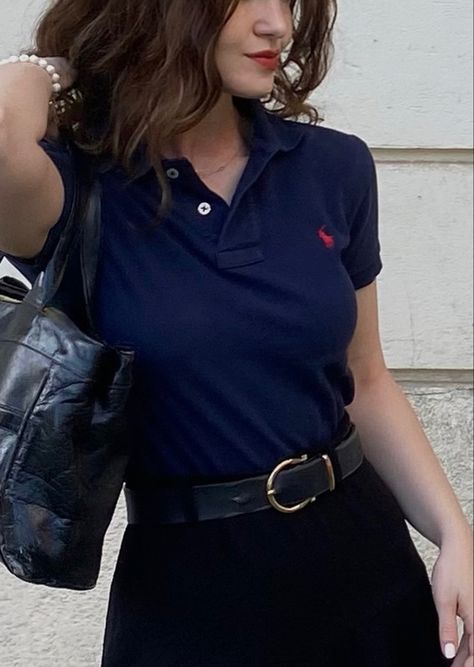 Navy Blue Polo Shirt Outfit Woman, Work Polo Shirt Outfit Women, Polo Outfit Women's, Polo Outfits For Women, Polo Shirt Outfit Women's, Nails Matching, Navy Blue Polo Shirt, Black Tennis Skirt, Polo Shirt Outfits