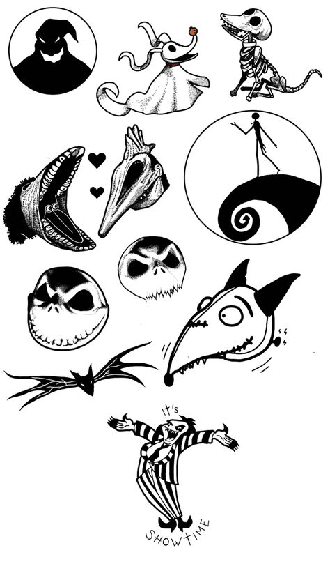 Tim Burton based tattoos Sci Fi Movie Tattoo, Tim Burton Movie Tattoo Ideas, Zero Dog Tattoo Tim Burton, Tim Burton Couple Tattoo, Small Tattoos Tim Burton, Halloween Drawings Tim Burton, Halloween Based Tattoos, Tim Burton Tattoo Coraline, Tim Burton Tattoo Minimalist