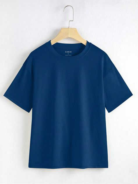 Blue Casual Collar Short Sleeve Fabric Plain  Embellished Slight Stretch Summer Women Clothing Shein Tshirt, Petroleum Blue, Oversized T Shirts, Women T Shirts, Kids Beachwear, Oversized Tshirt, Drop Shoulder, Women Clothes Sale, Summer Women