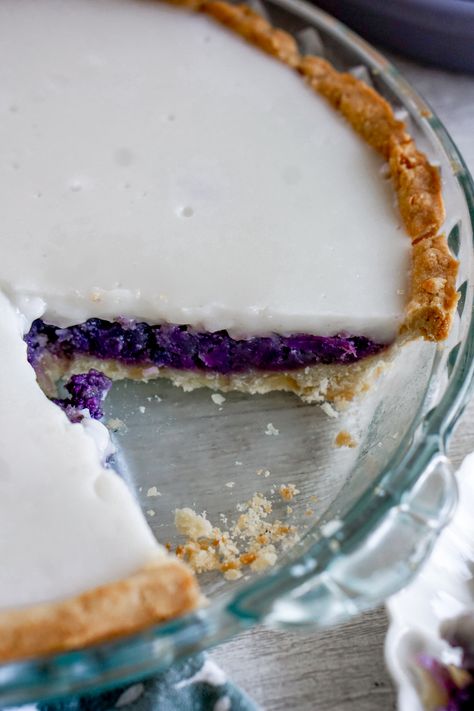 Okinawan Sweet Potato Haupia Pie - Mochi Mommy Sweet Potato Haupia Pie, Pumpkin Mochi Recipe, Ube Butter Mochi, Ube Butter, Haupia Pie, Okinawan Sweet Potato, Hawaiian Desserts, Butter Mochi, Mochi Recipe