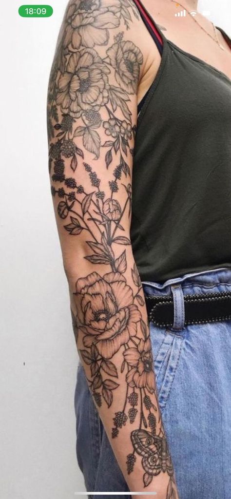 Floral Themed Sleeve Tattoo, Floral Background Tattoo, Wildflower Sleeve Tattoo Black And White, Sleeve Tattoos For Women Patchwork, Line Work Floral Tattoo, Dark Floral Tattoo Sleeve, Floral Patchwork Sleeve Tattoo, Traditional Floral Tattoo Sleeve, Kk Tattoo