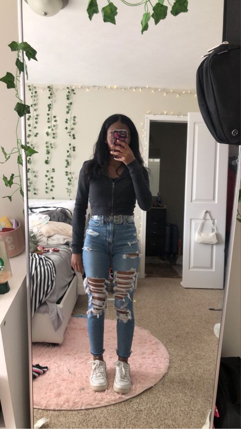 Jacket- American Eagle, pants- American Eagle, shoes- af1, belt- brandy Melville Cute American Eagle Outfits, American Eagle Aesthetic, American Eagle Jeans Outfit, Shoes Af1, Preppy Things, American Eagle Outfits, Braided Bun Hairstyles, Clothing Shops, Jeans American Eagle