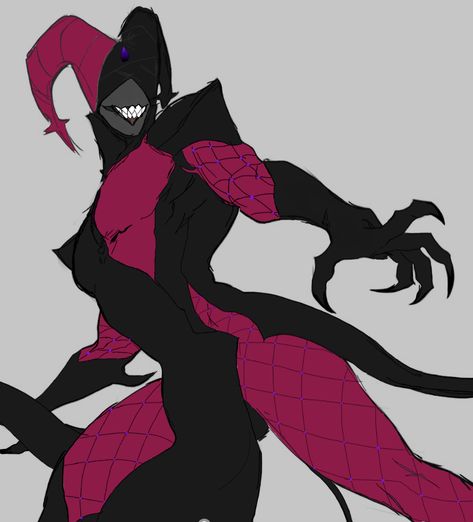 Jester Demon Art, Dark Jester Character Design, Asmodeus Character Design, Harlequin Character Design, Female Dullahan, Jester Creature, Jester Outfit Design Male, Jester Drawing Reference, Clown Oc Ideas