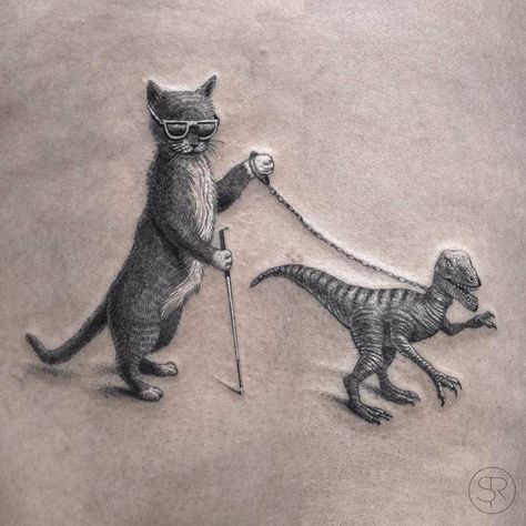 A blind cat walking his guiding-velociraptor tattoo. Wraped around the leg a bit, so pasted two pictures together. Thanks, Annemie! Instagram Tattoos, Blind Cat, Designs Quotes, Cat Walking, Dinosaur Tattoos, Tattoo Magazine, Body Tattoo, Funny Tattoos, Geometric Animals