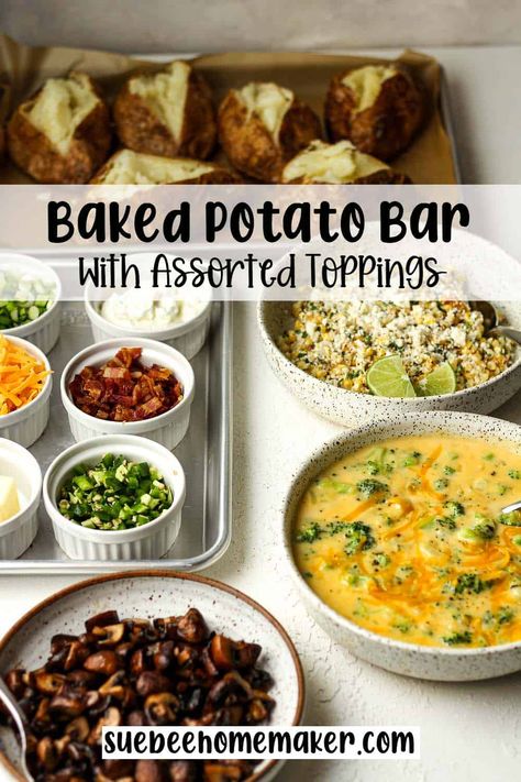 Indulge in a create-your-own Baked Potato Bar with lots of tasty toppings. Use our easy method to make perfectly crispy potatoes, and then add your favorite toppings for the best-loaded baked potato experience! Toppings For Baked Potatoes Bar, Make Ahead Baked Potatoes, Baked Potato Bar Ideas Toppings, Baked Potatoes Toppings Ideas, Baked Potato Charcuterie Board, Baked Potato Bar For A Crowd, Bake Potato Bar, Baked Potato Bar Wedding, Potato Bar Ideas Toppings