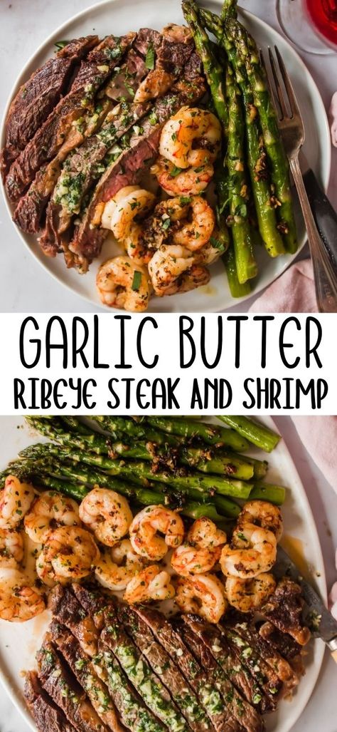 Shrimp With Steak Recipes, Yummy Steak Dinner Recipes, Steak Recipes Healthy Clean Eating, Dinner Recipes Birthday, Good Steak Recipes Dinners, Healthy Steak And Shrimp Recipes, Ribeye Steak And Shrimp Recipes, Steak Dinner For 2, Cooking Recipes For Dinner Steak