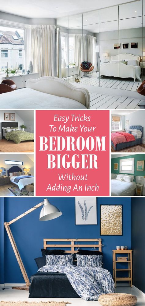 There are easy ways to make the bedroom look bigger. All you have to do is just play around with your room design. Such as add mirror, have a good lighting, use clear furniture and clear glass. #bedroomdecortricks #bedroomdecortips #roomdecorideas Bedroom Ideas With Mirror Closet, Ceiling Treatments, Tiny Bedroom, Dark Walls, Large Bedroom, Bedroom Lighting, Making Room, Simple Tricks, Interior Design Bedroom