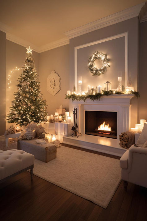 Add a Touch of Magic with Enchanting and Whimsical Holiday Decor in Your Living Room Two Lights In Living Room, Cozy House With Fireplace, How To Bring Warmth To A Room, Christmas Decor In Living Room, Christmas Decor Ideas Luxury, Christmas Tree Fireplace Decor, Realistic House Decor, Smaller House Ideas, Christmas Trees In Bedrooms