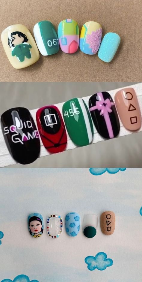 Squid Game Nails, Galaxy Nails Tutorial, Game Nails, Practice Nails, Nail Cartoon, Nail Training, Squoval Nails, Manicure Nail Designs, Asian Nails