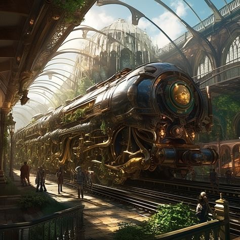 A time-traveling train station with steam-powered locomotives and futuristic spaceships all converging at different time periods Steampunk Train Art, Train Fantasy Art, Fantasy Train Station, Train Station Concept Art, Sci Fi Train, Steam Punk Train, Futuristic Train Station, Steampunk Train Station, Train Concept Art