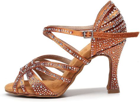 Amazon.com | HROYL Women Latin Dance Shoes Rhinestone Salsa Performence Practice Ballroom Dance Shoes YCL356-7.5 Brown, 6.5 B(M) US | Ballet & Dance Danza Latina, Salsa Dance Shoes, Ballroom Tango, Salsa Bachata, Ballroom Shoes, Quickstep, Ballroom Dance Latin, Dance Heels, Ballroom Dance Shoes