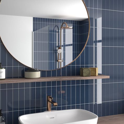 Moledo Navy Gloss - Gorgeous Metro Brick Tile | Tileflair Navy Blue Bathroom Ideas, Understairs Toilet, Kitchen Wall Tile, Coastal Colours, Navy Blue Tile, Brick Bathroom, Dark Blue Bathrooms, Navy Blue Bathrooms, Navy Bathroom