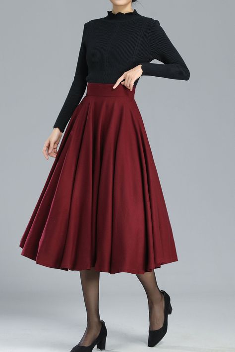 Burgundy Full Circle Wool Skirt Women 3246 – XiaoLizi Red Circle Skirt Outfit, Round Skirt Outfit, Dark Red Skirt Outfit, Red Skirt Outfit Ideas, Burgundy Skirt Outfit, Burgundy Clothes, Red Skirt Outfits, Long Circle Skirt, Circle Skirt Outfits