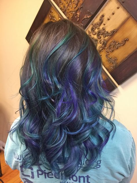 My beautiful mermaid hair by Heather Moon. I'm so in love! *blue, purple, and emerald green tri-color balyage* Purple And Mint Hair, Blue And Green Highlights In Black Hair, Blue And Purple Streaks In Hair, Blue Purple Black Hair, Dark Green And Purple Hair, Mermaid Hair Color Peekaboo, Blue And Purple Hair Highlights, Purple And Blue Highlights, Blue And Green Hair