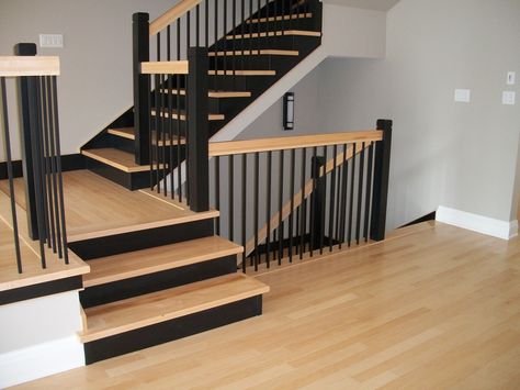 Two toned stairs. Black & natural birch. 3" plain square newels with grooved & bevelled tops. Plain black metal balusters Stair Partition, Stair Case Railing, Black Balustrade, Staircase Layout, Stairs Renovation, Stair Banister, Staircase Railing Design, Hardwood Stairs, Stairs Design Interior