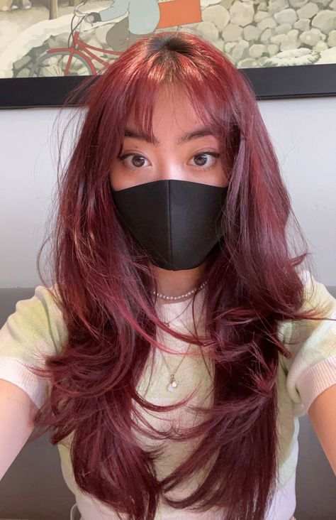 Red Hair With Blonde Stripe, Red Hair Brunette Balayage, Layered Haircut Red Hair, Red Hair With Butterfly Cut, Black Cherry Hair With Bangs, Easy To Style Long Haircuts, Cherry Red Hair Layers, Long Dark Red Hair With Bangs, Red Layered Hair With Bangs