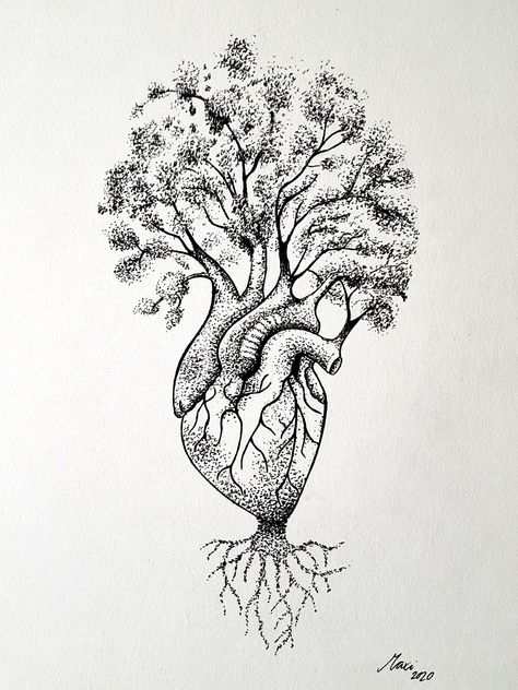 Tree Of Life Heart Tattoo, Heart Pointillism, World In Your Hands Tattoo, Heart Tree Drawing, Heart Tree Tattoo, Tree Heart Tattoo, Tree Of Life Drawing, Heart And Soul Tattoo, Tree Branch Tattoo